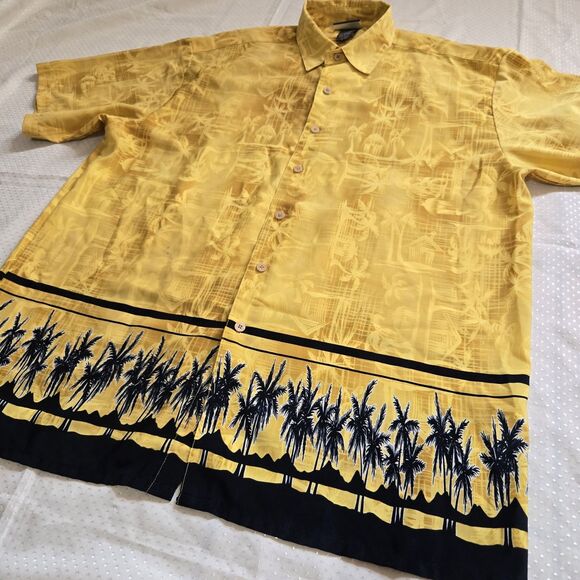 VTG Extreme Gear Hawaiian Shirt Men's XL Yellow/Black Palm Trees Tropical Beach - Picture 2 of 7